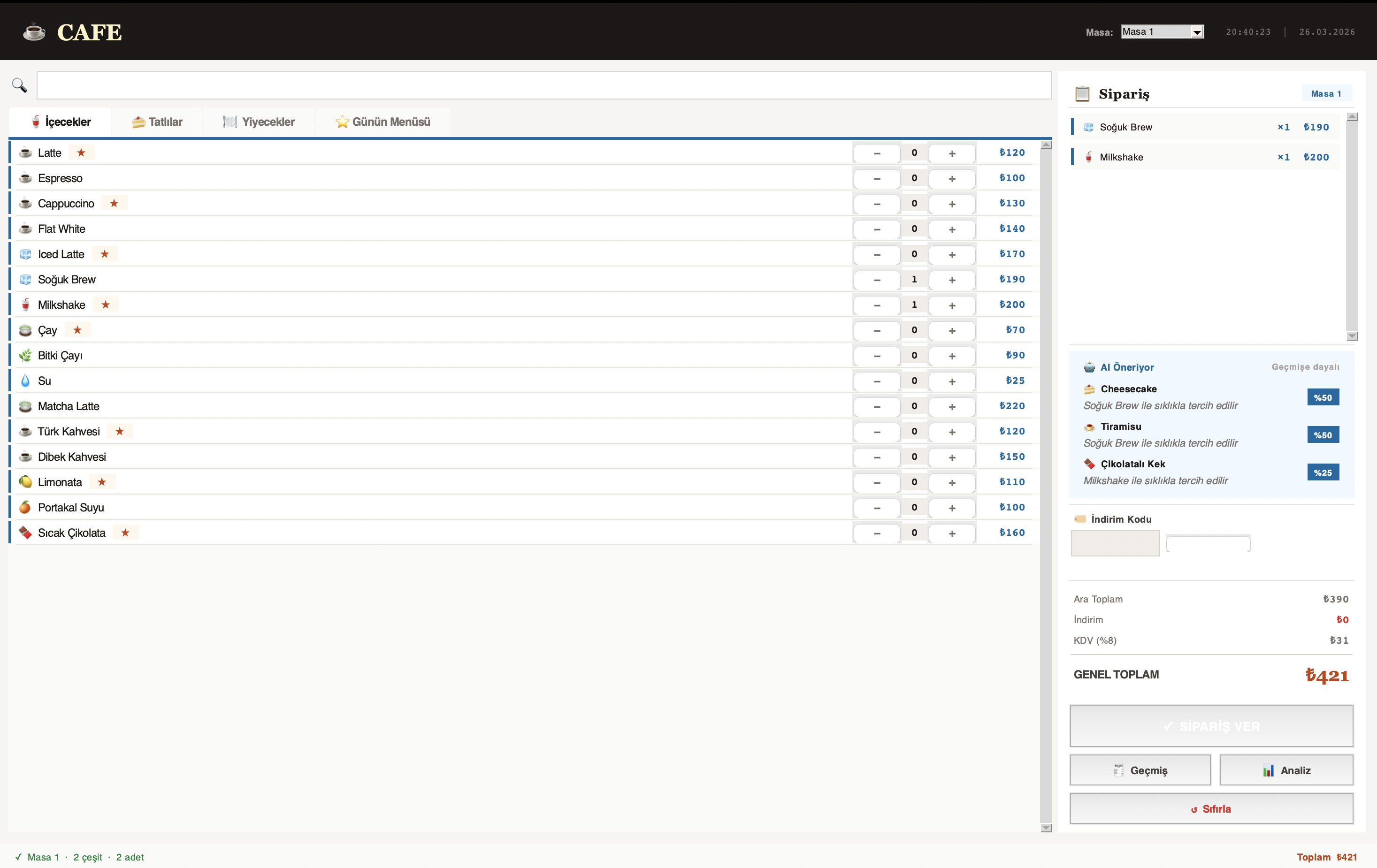 AI Restaurant System - Sipariş Ekranı